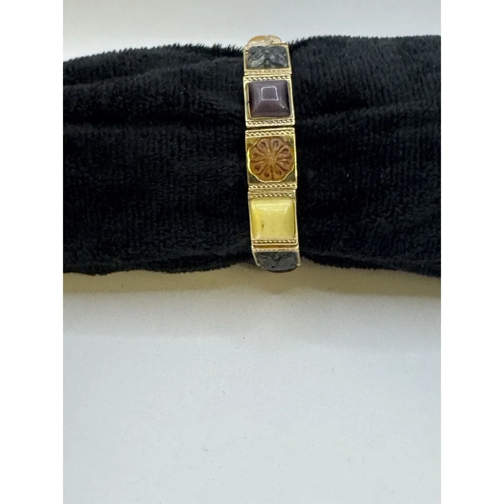 Vintage‎ Gold Tone Carved Gemstone Panel Bracelet 7.5